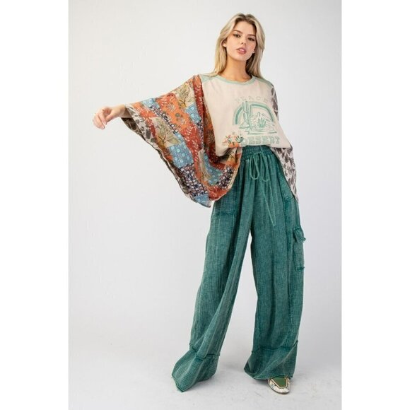 Roxie Cotton Gauze Mineral Washed Wide Leg Pants in Pacific Green